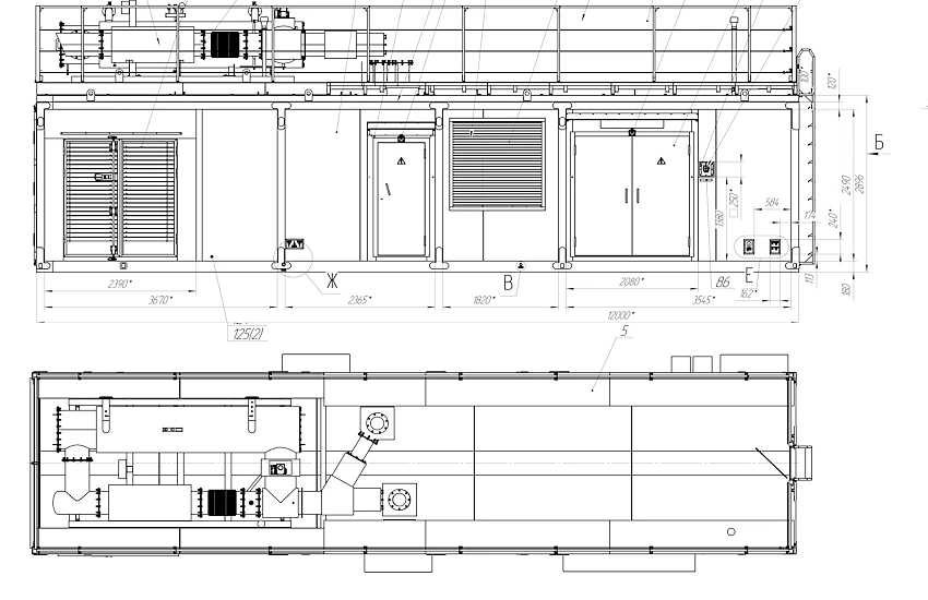 Чертеж блок-контейнера с АД-1600-Т400-3РБК, длина контейнера - 12 метров, с выносным радиатором